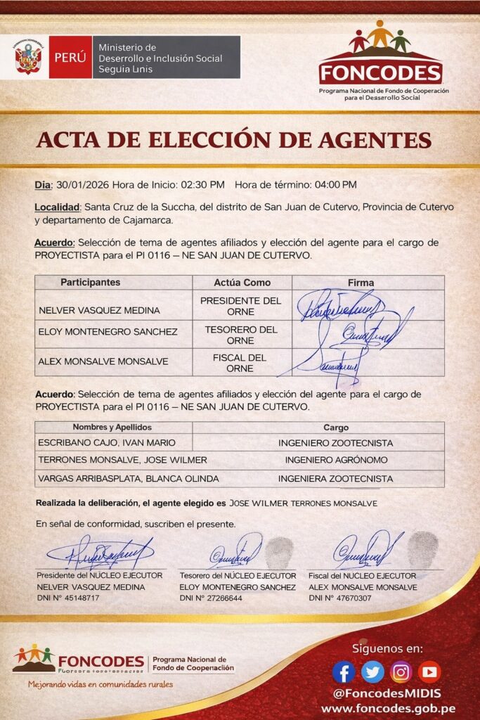 Buena pro otorgada para proyecto FONCODES en San Juan De Cutervo foncodes