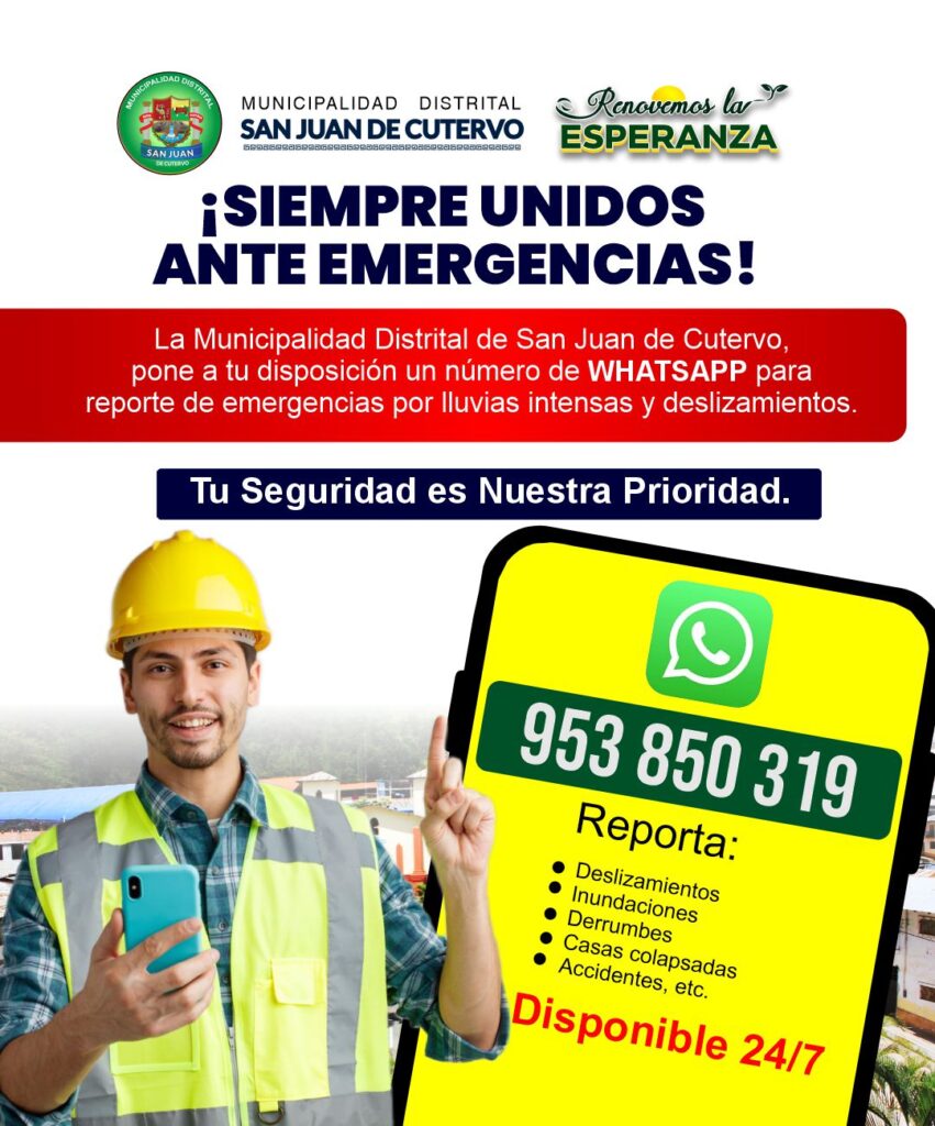 Atención técnica ante las intensas lluvias en San Juan de Cutervo numeor de emergencia